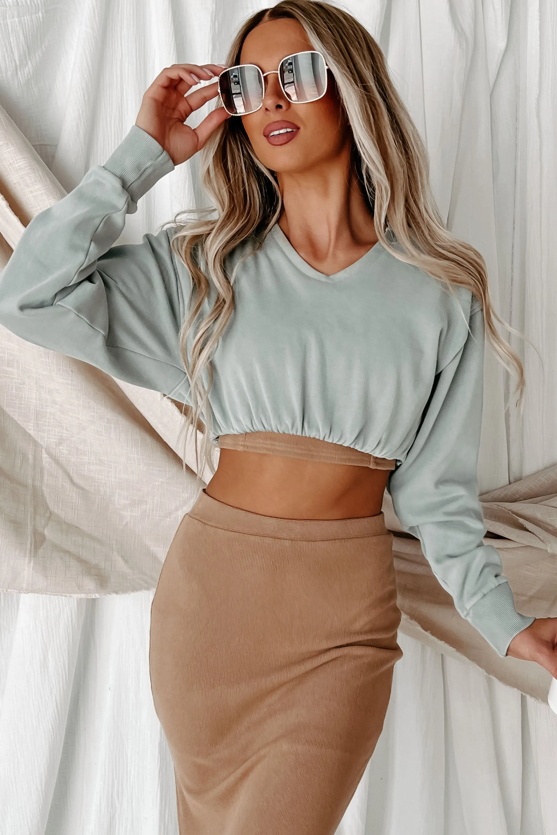 All Over Again Cinched Cropped Hoodie (Sage)