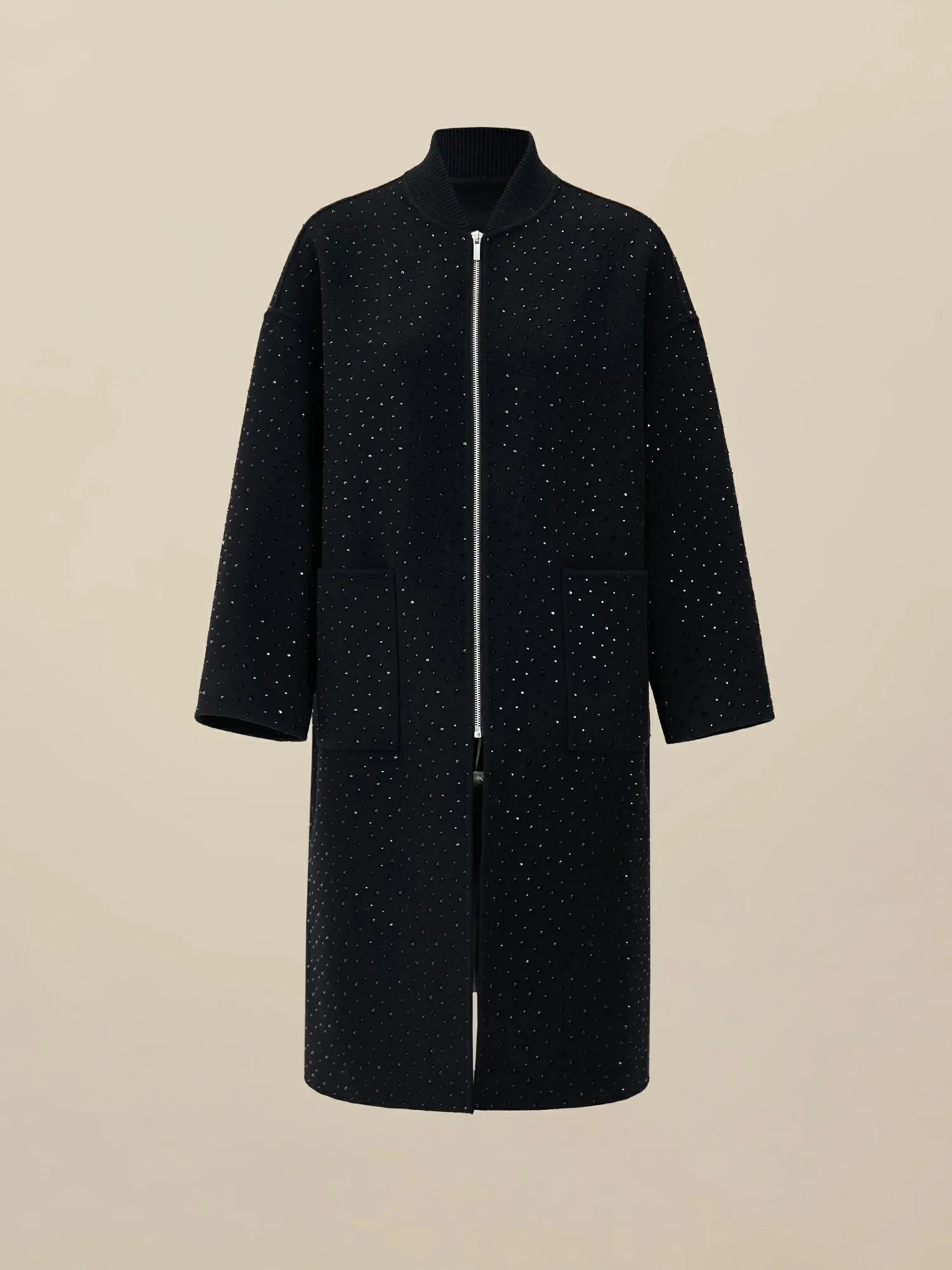 Amoretu 100% Wool Rhinestone Zipper Long Coat