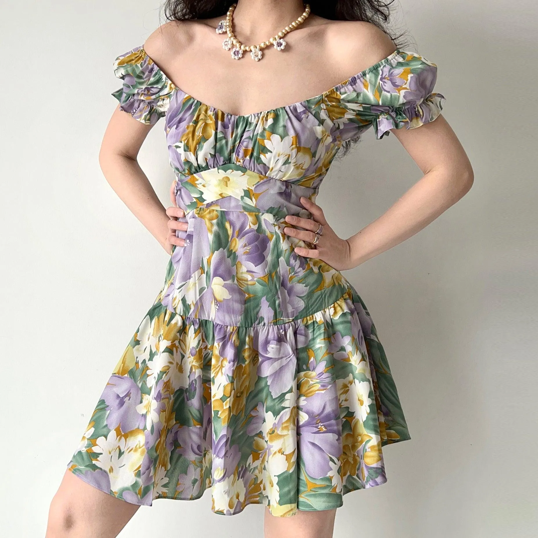 Ancient Oil Painting Floral Puff Sleeve Short Sleeve Dress