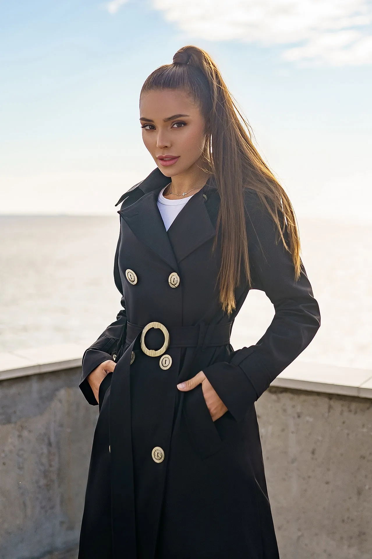 Black Double-Breasted Belted Trench Coat