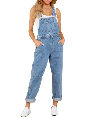 Blue Women's Casual Stretch Denim Bib Overalls Pants Pocketed Jeans Jumpsuits