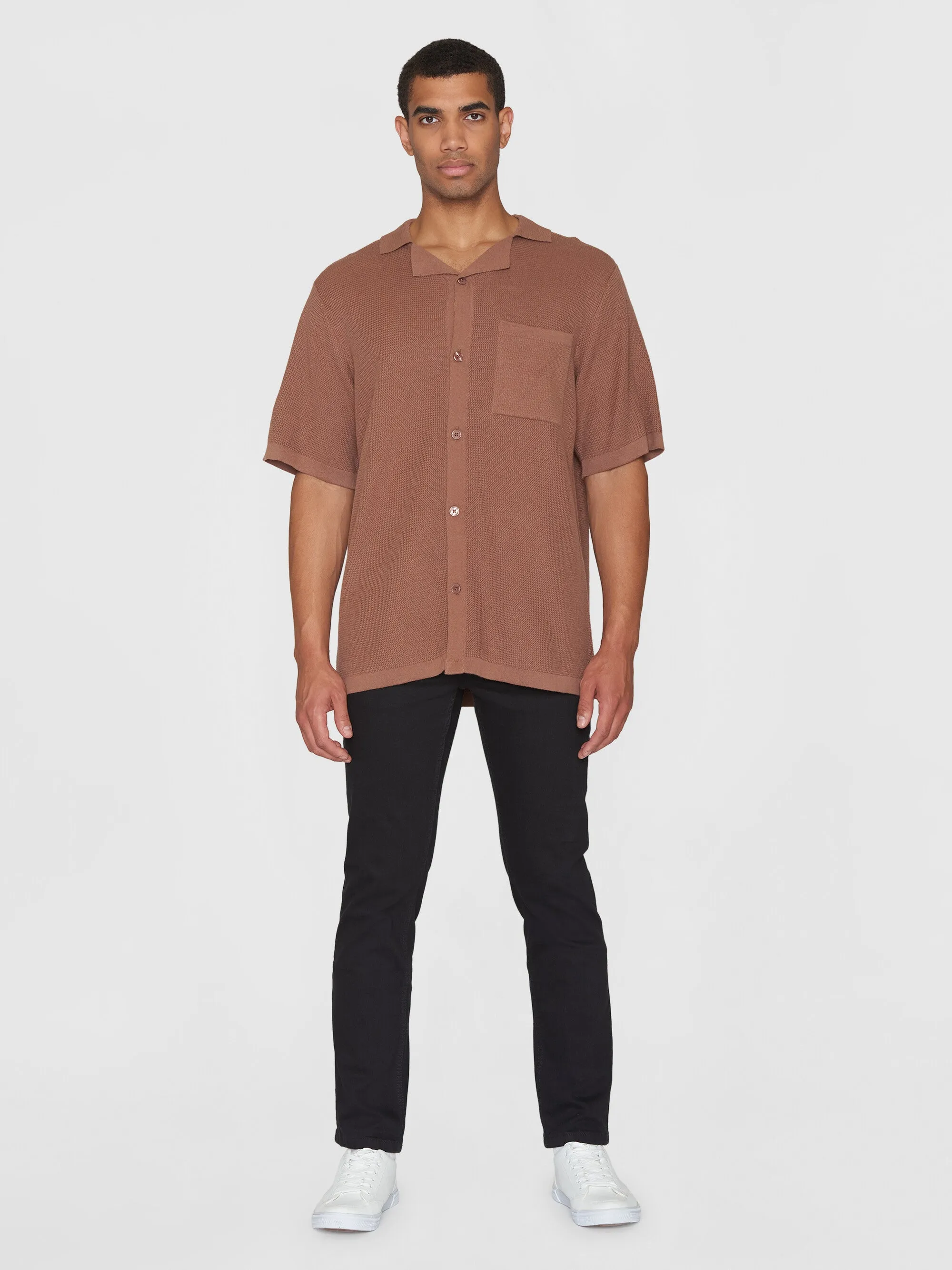 Boxy short sleeve structured knitted shirt - Regenerative Organic Certified™ - GOTS/Vegan - Chocolate Malt