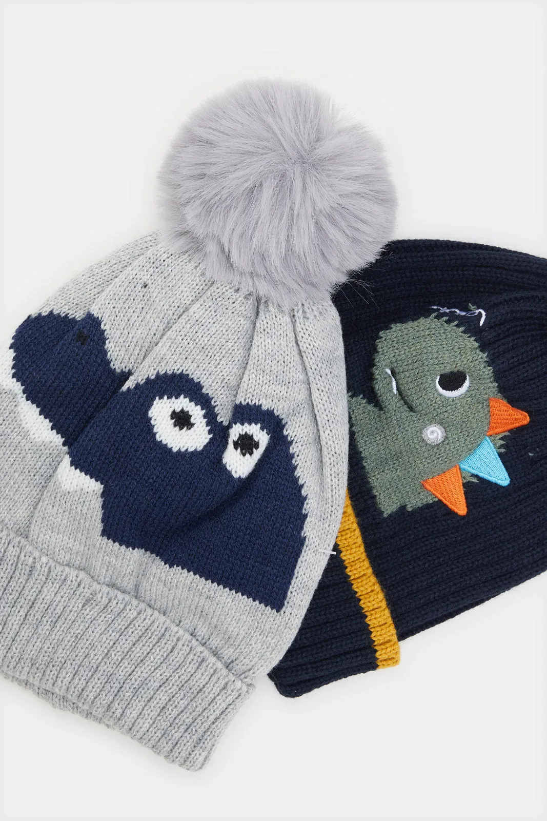 Boys Grey And Navy Embellished Knitted Cap Set (2 Piece)