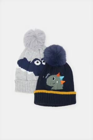 Boys Grey And Navy Embellished Knitted Cap Set (2 Piece)