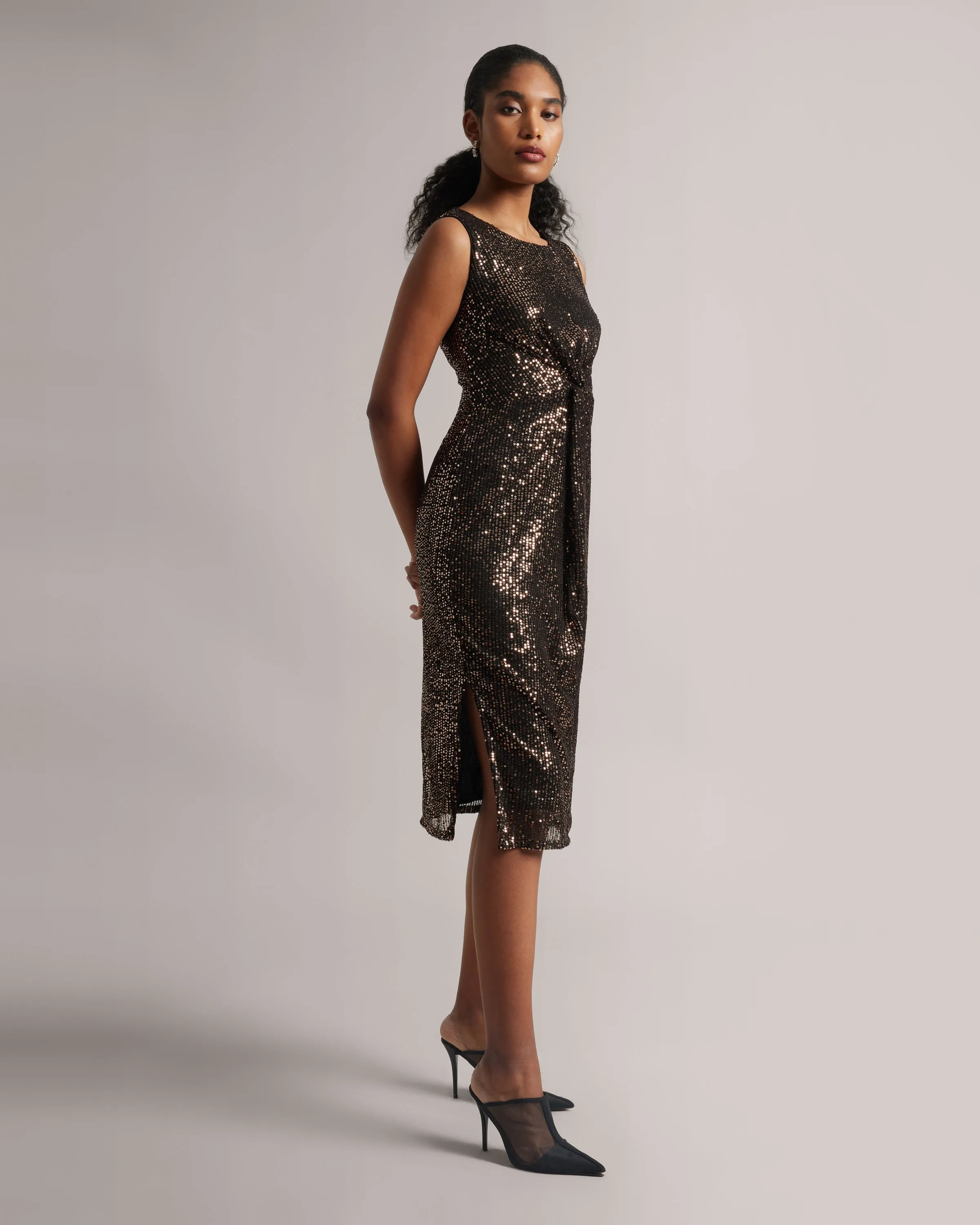 Bronze Copper Knotted Party Midi Sequins dress