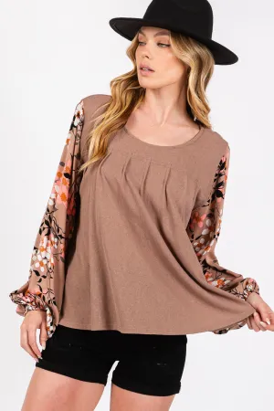 Brown Floral Long Sleeve Front Pleated Detail Blouse (Online Exclusive)