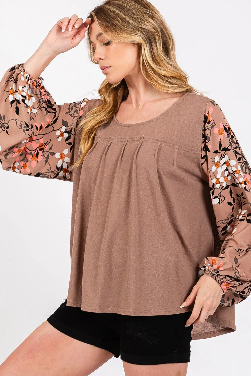 Brown Floral Long Sleeve Front Pleated Detail Blouse (Online Exclusive)