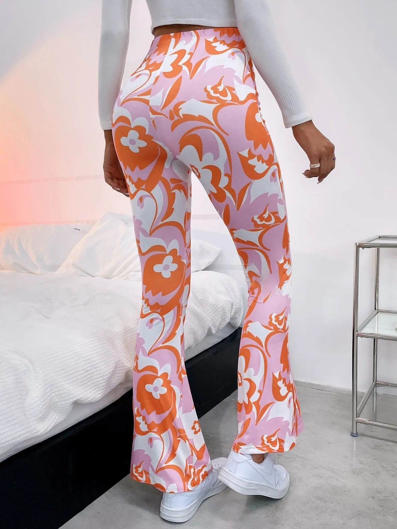 Casual All Over Print Semi-Sheer High Waist Long Women Pants