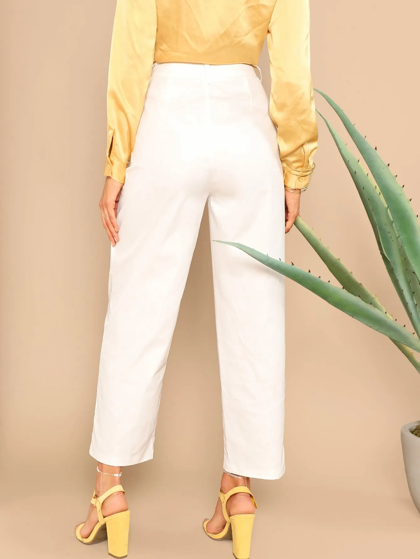 Casual Plain Zipper Natural Cropped Women Pants