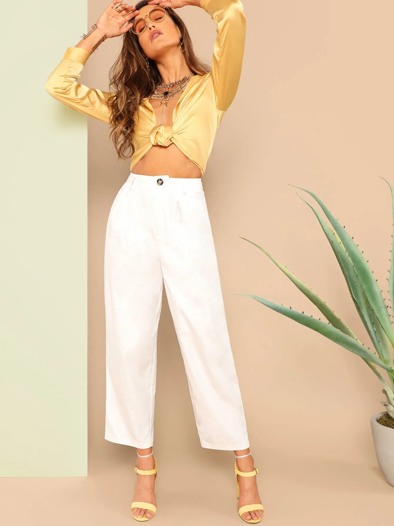 Casual Plain Zipper Natural Cropped Women Pants