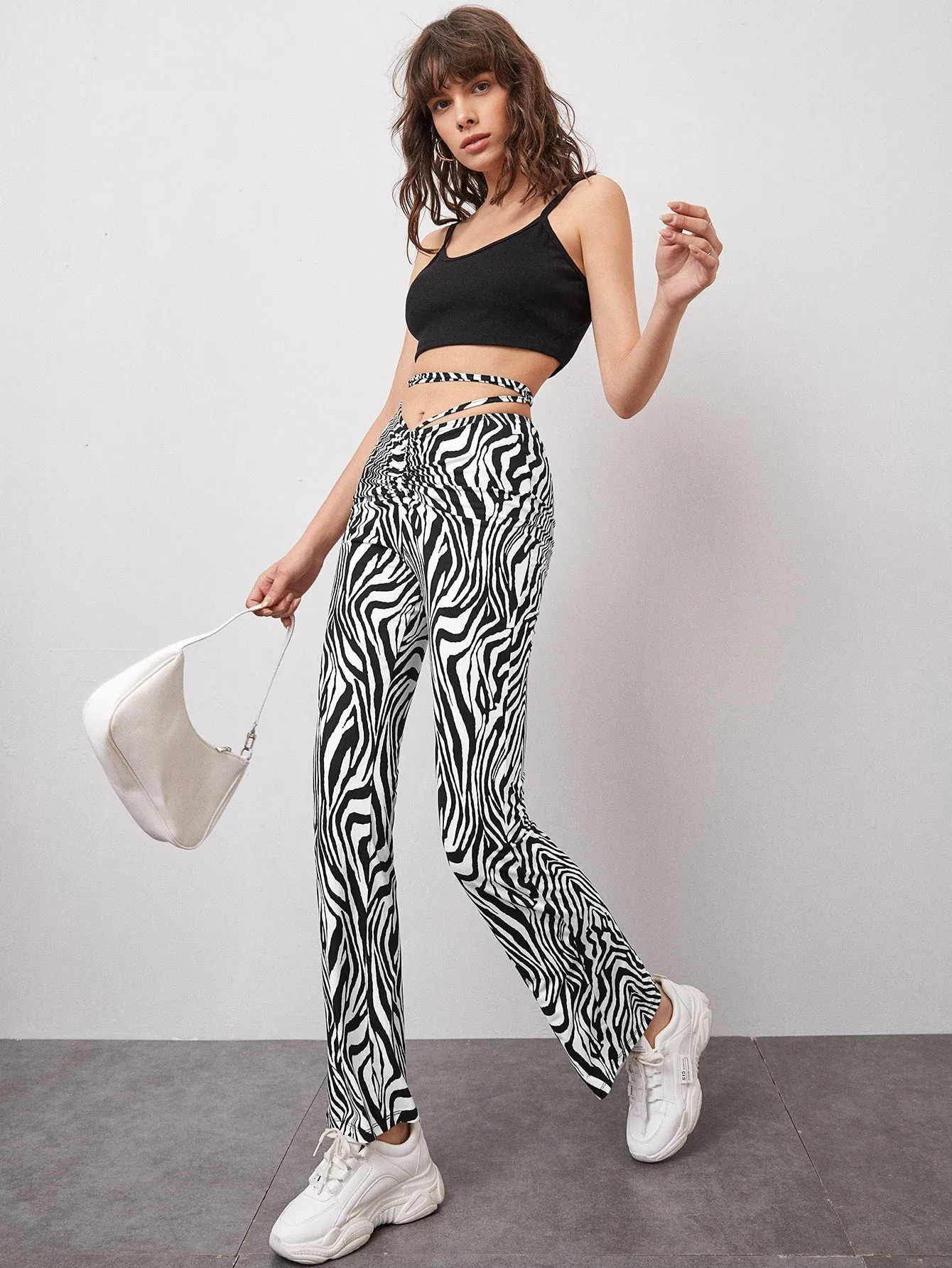 Casual Zebra Stripe Tie Back Natural Long Women Pants