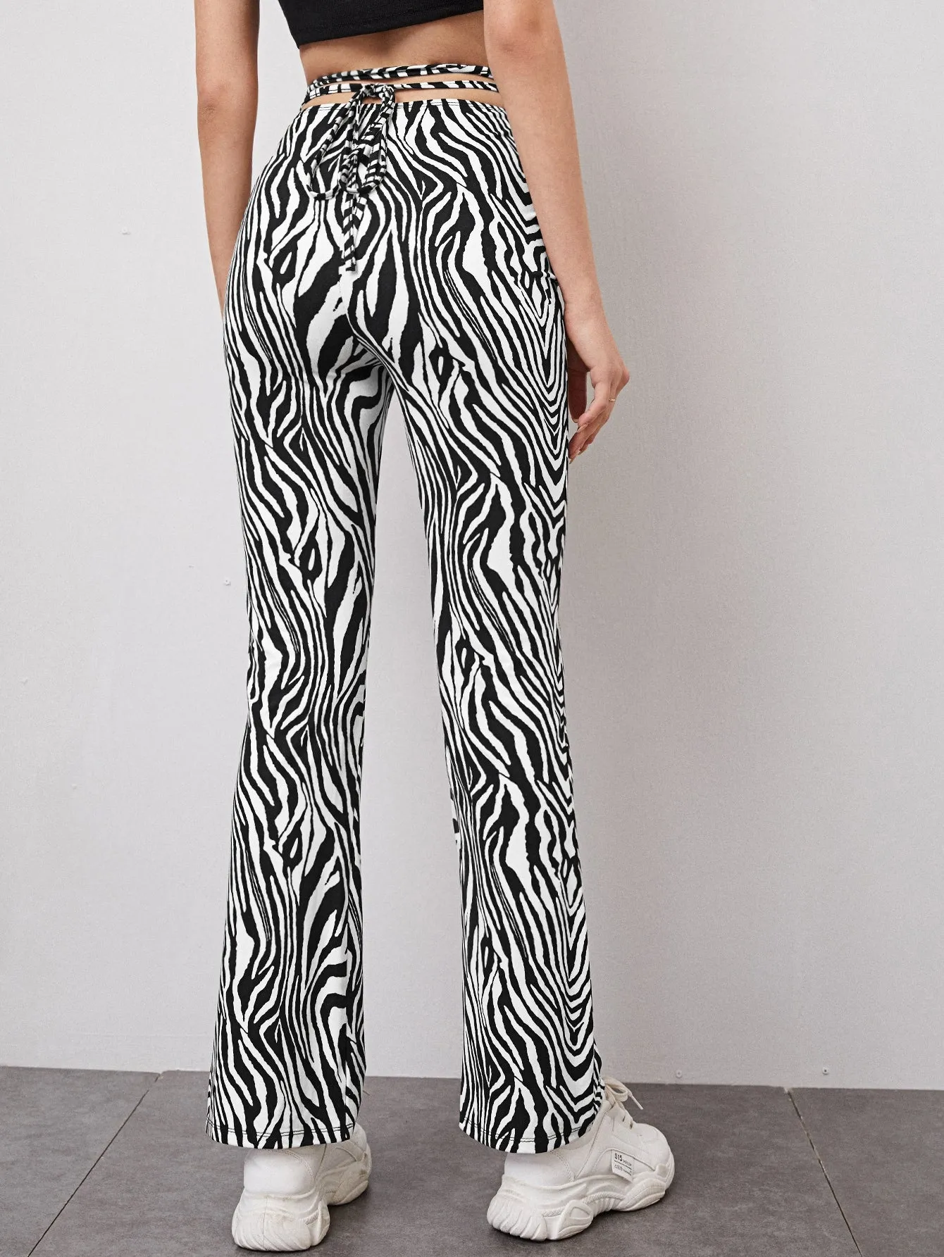 Casual Zebra Stripe Tie Back Natural Long Women Pants