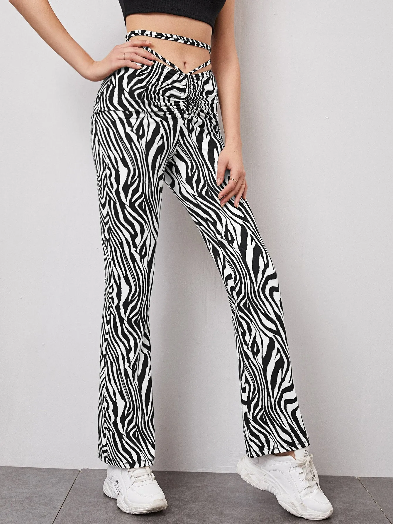 Casual Zebra Stripe Tie Back Natural Long Women Pants