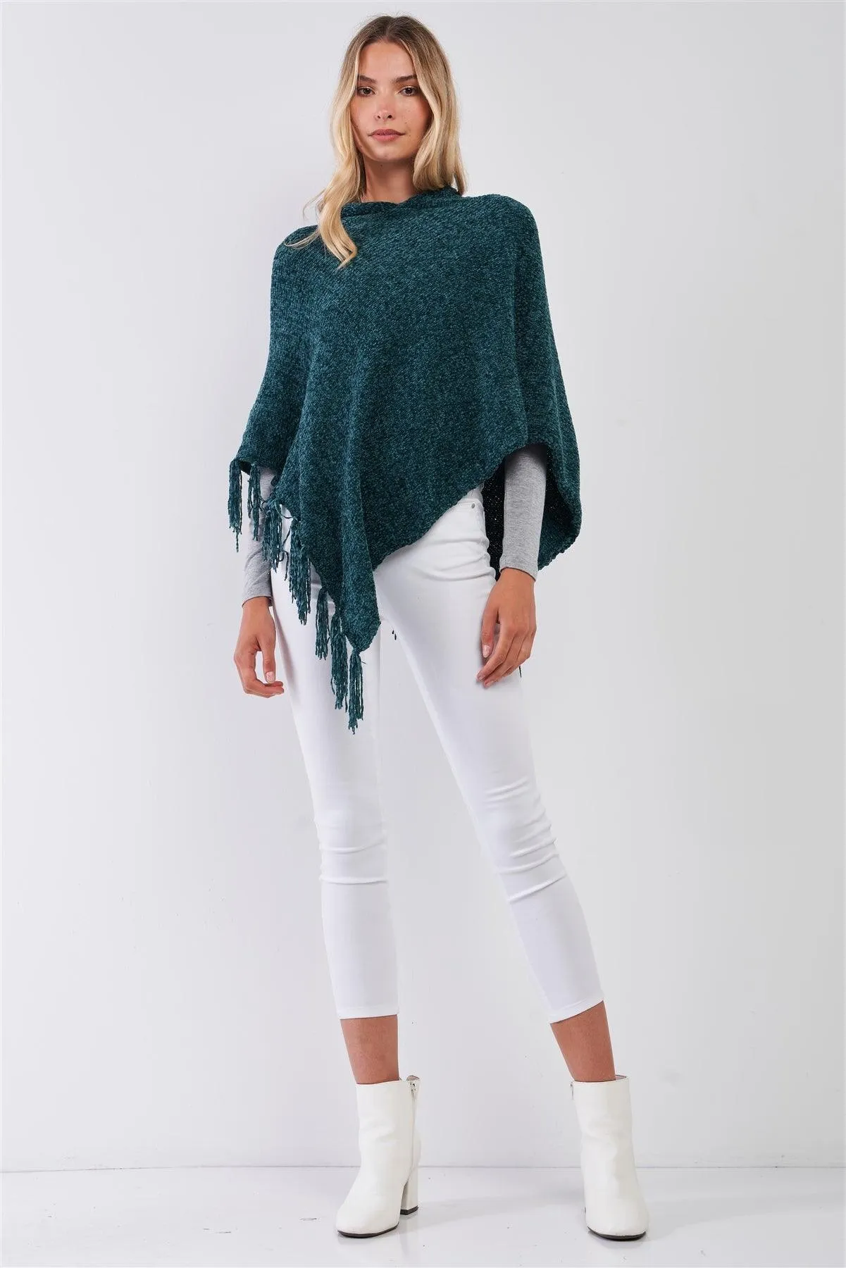 Chenille Knit Tassel Fringe Side Trim Hooded Poncho