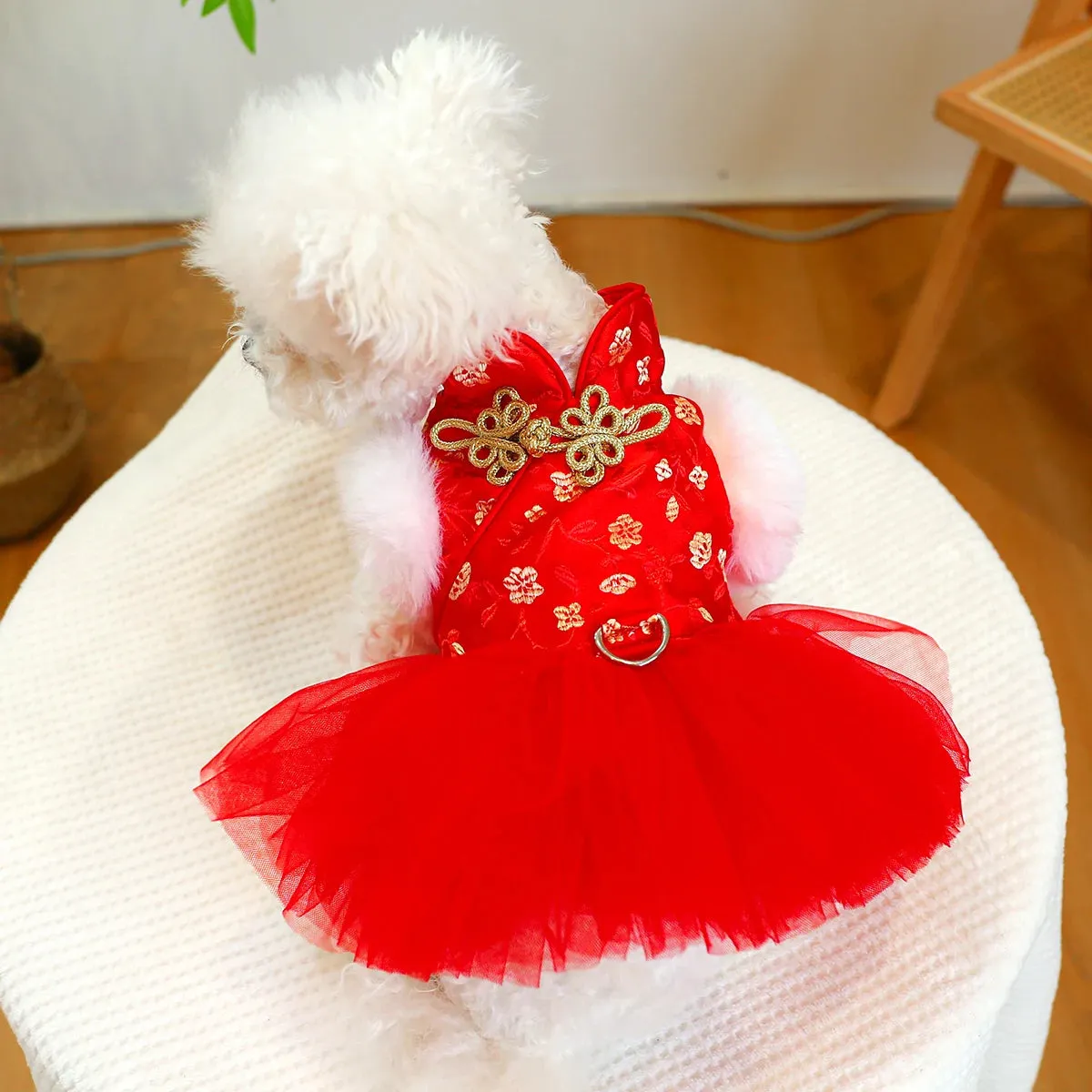 Chinoiserie Elegance: Red Celebration Princess Dress - Autumn and Winter Pet Clothing with Drawstring Buckle for Small to Medium Dogs