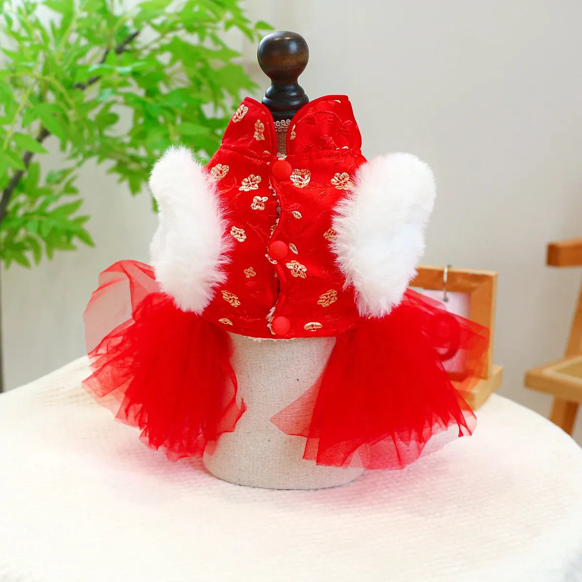 Chinoiserie Elegance: Red Celebration Princess Dress - Autumn and Winter Pet Clothing with Drawstring Buckle for Small to Medium Dogs