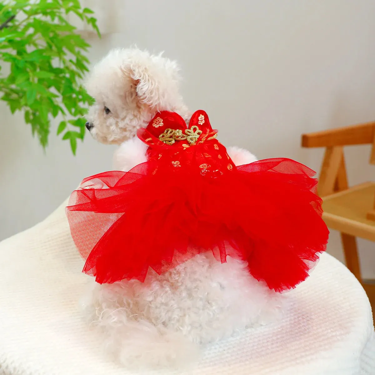 Chinoiserie Elegance: Red Celebration Princess Dress - Autumn and Winter Pet Clothing with Drawstring Buckle for Small to Medium Dogs