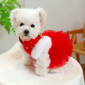 Chinoiserie Elegance: Red Celebration Princess Dress - Autumn and Winter Pet Clothing with Drawstring Buckle for Small to Medium Dogs