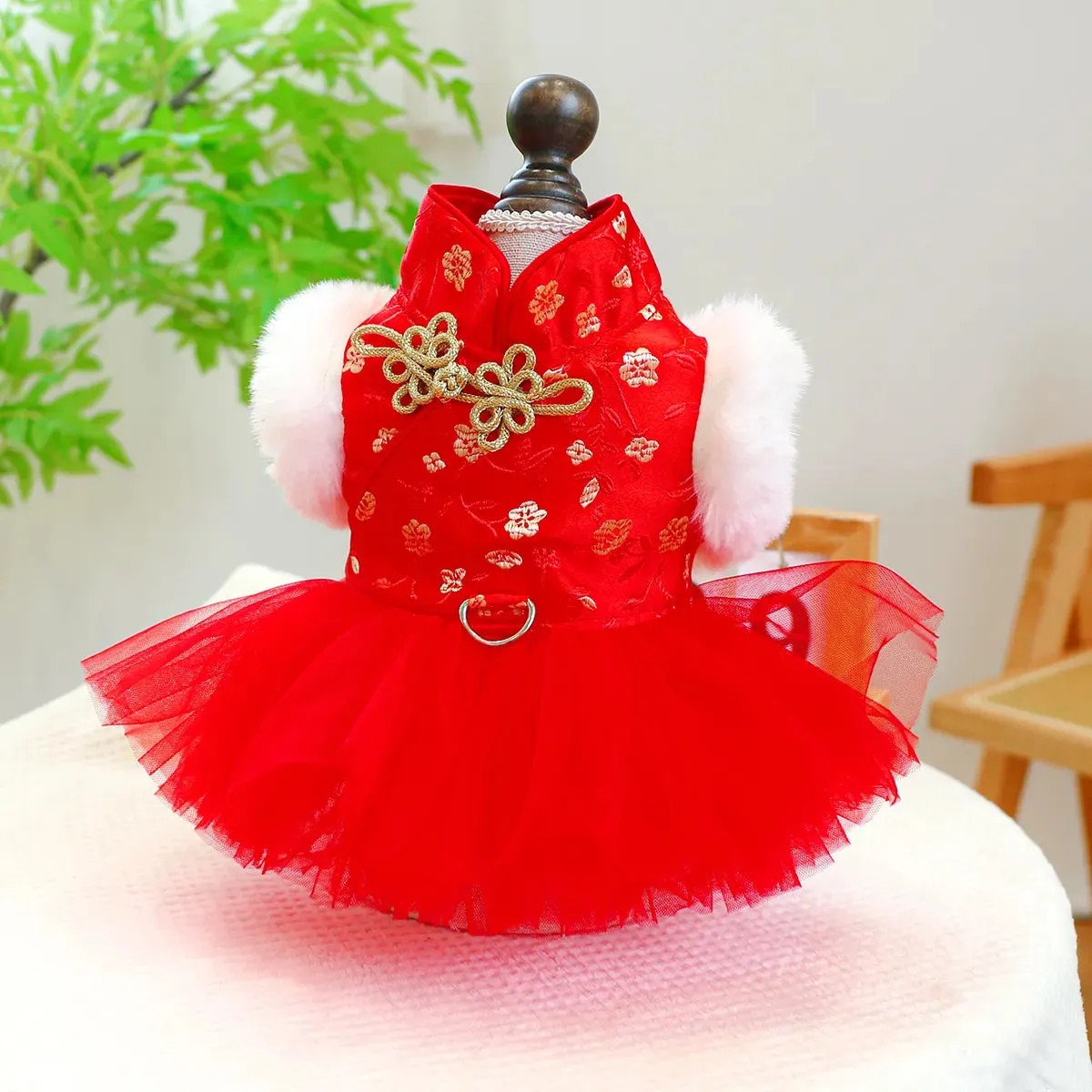 Chinoiserie Elegance: Red Celebration Princess Dress - Autumn and Winter Pet Clothing with Drawstring Buckle for Small to Medium Dogs