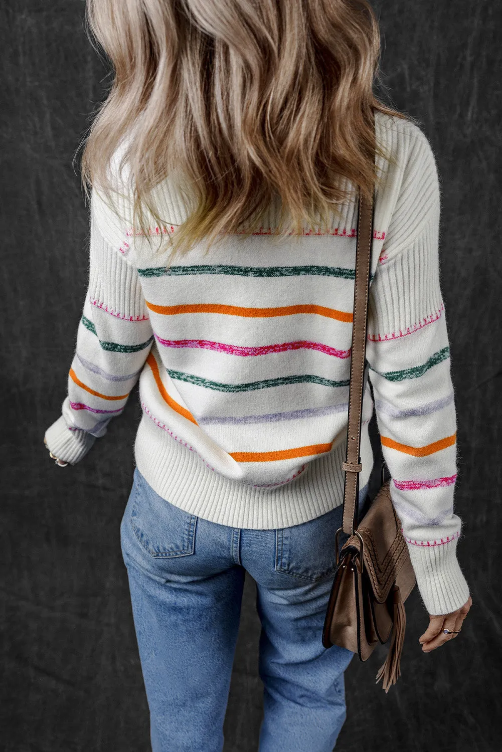 Colorful Striped Ribbed Trim Sweater