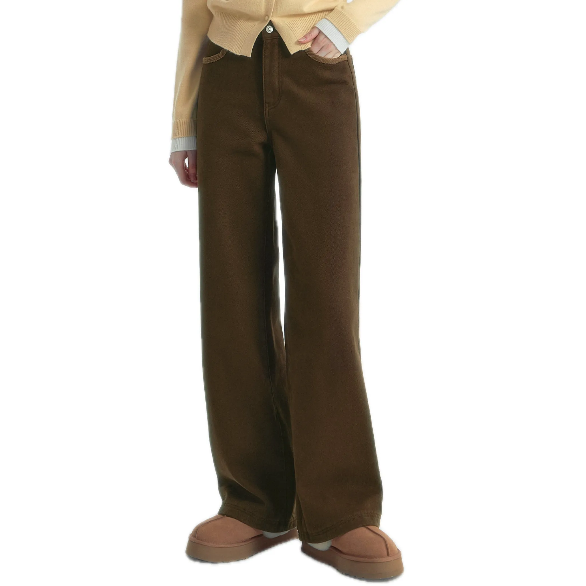 Corduroy Patchwork Fleece Casual Pants In Brown