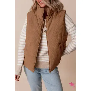 Corduroy Stand Neck Zipped Puffer Vest