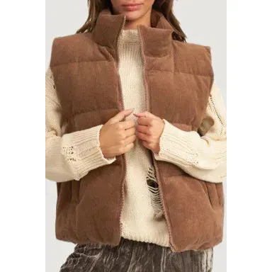 Corduroy Stand Neck Zipped Puffer Vest