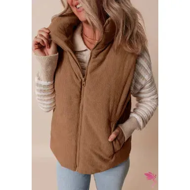 Corduroy Stand Neck Zipped Puffer Vest