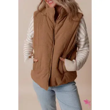 Corduroy Stand Neck Zipped Puffer Vest