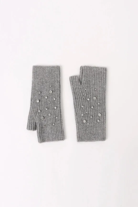 Crystal Embellished Angora Mittens - Grey