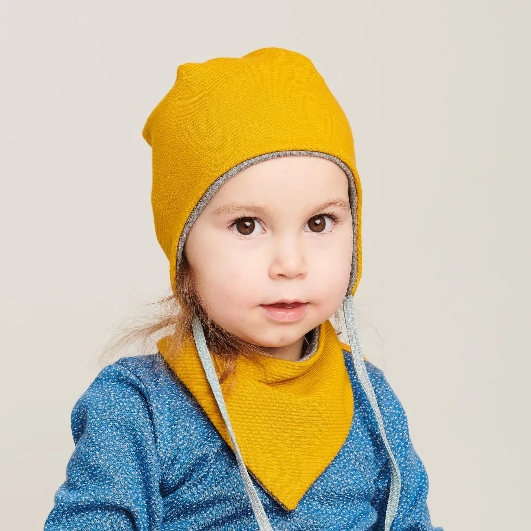 Dribble bib "Rib Mustard/Interlock Doubleface Grey"