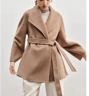 Elegant Camel Wrap Coat Wide Collar Tie Belt 0878