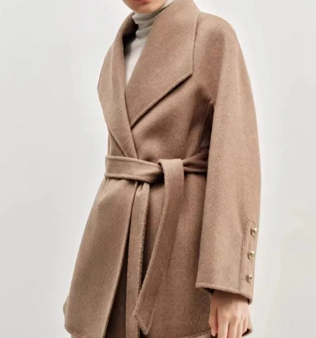 Elegant Camel Wrap Coat Wide Collar Tie Belt 0878