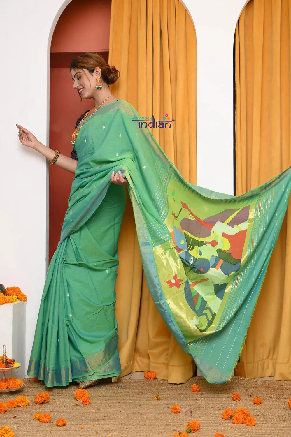 EXCLUSIVE! Traditional Handloom Sage Green Cotton Paithani With Radha Krishna Pallu