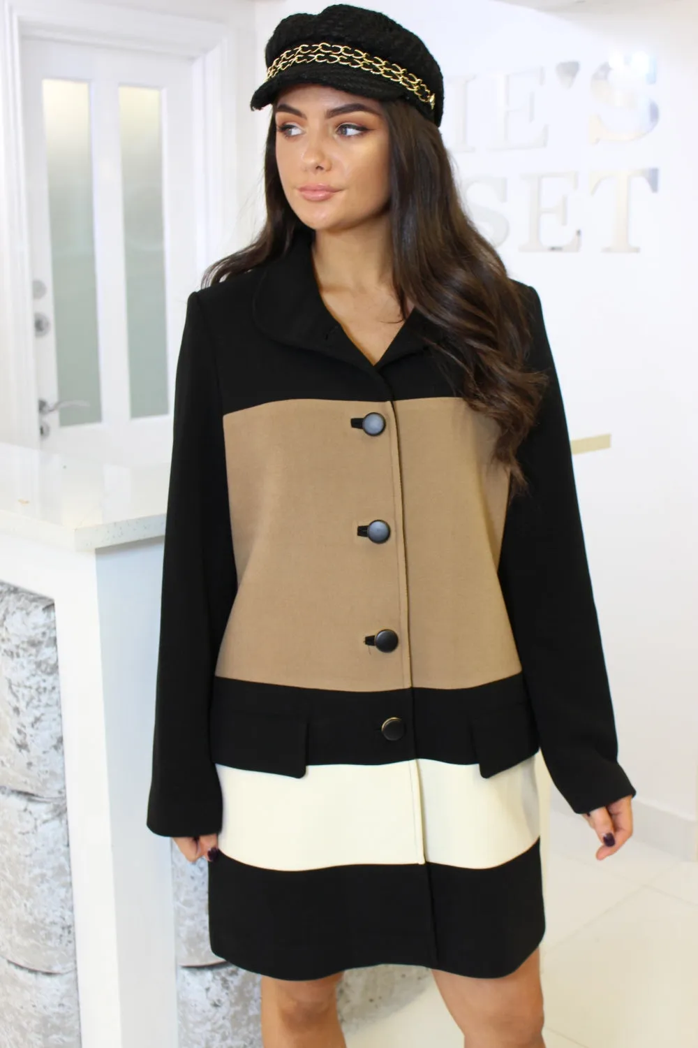 Front Button Black and Beige Block Colours Winter Jacket