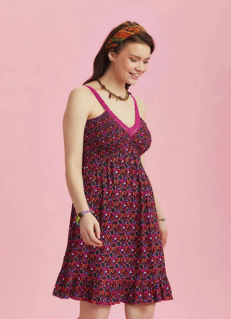 Fuchsia Floral Summer Dress with Lace Collar Straps