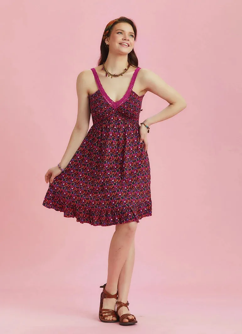 Fuchsia Floral Summer Dress with Lace Collar Straps