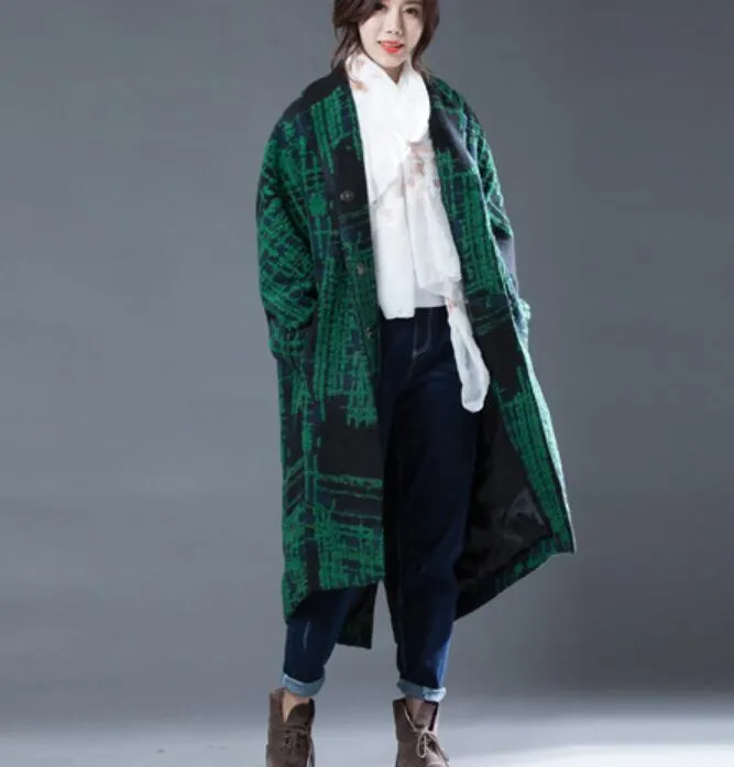 Green Women Coat Handmade Bat Sleeve loose Women Wool Coat Jacket