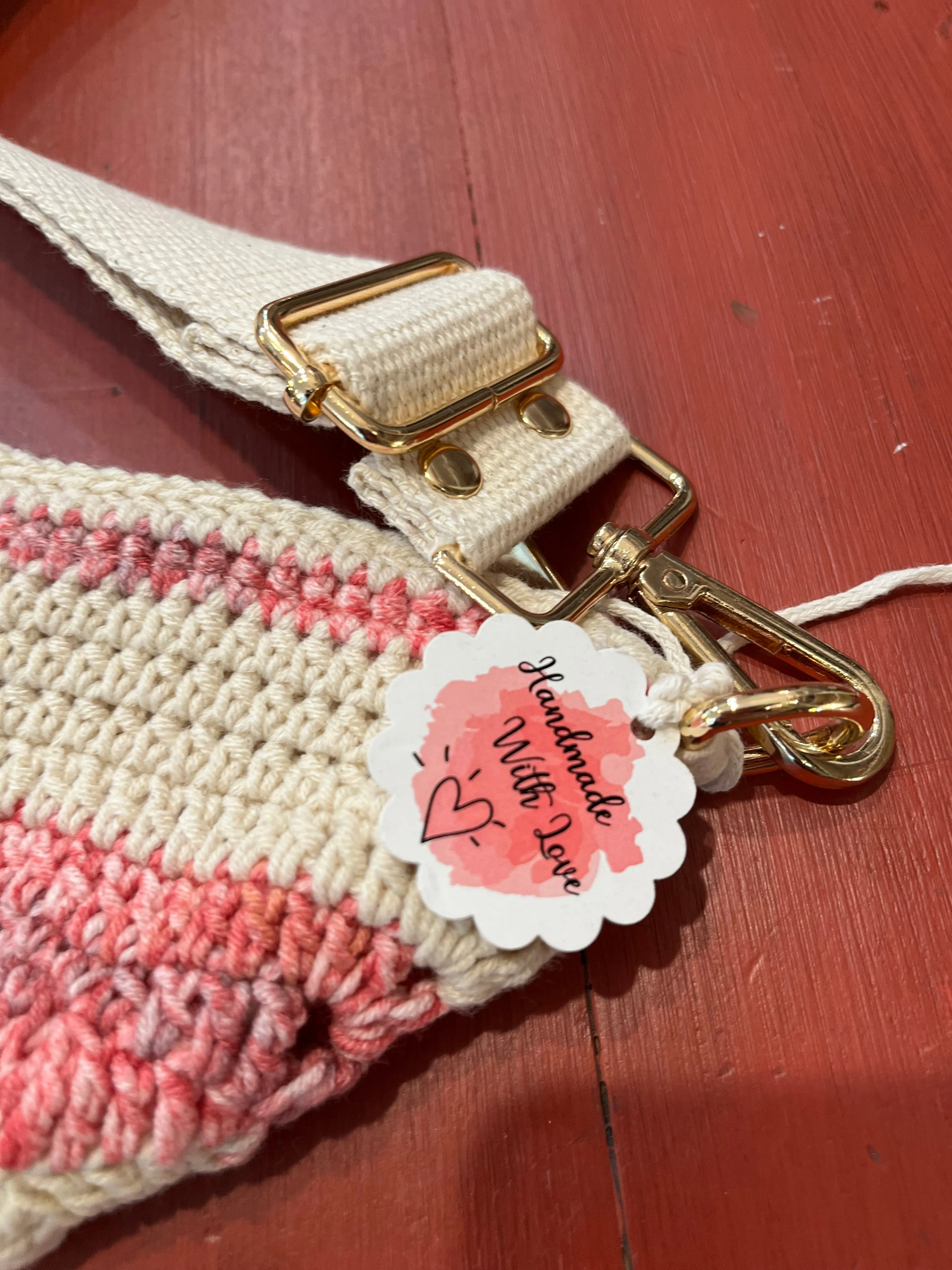 Hand Crochet Crossbody Adjustable Bag Pink Star