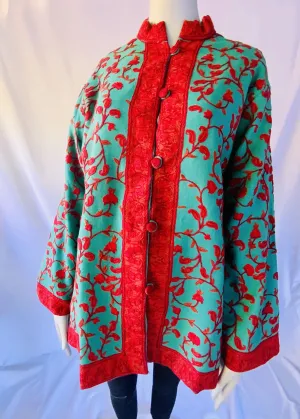 Hand Embroidered Short Jacket -  Turquoise and Red