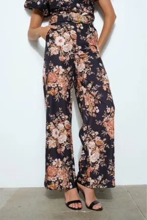 High Waist Floral Print Wide Pants with Belt