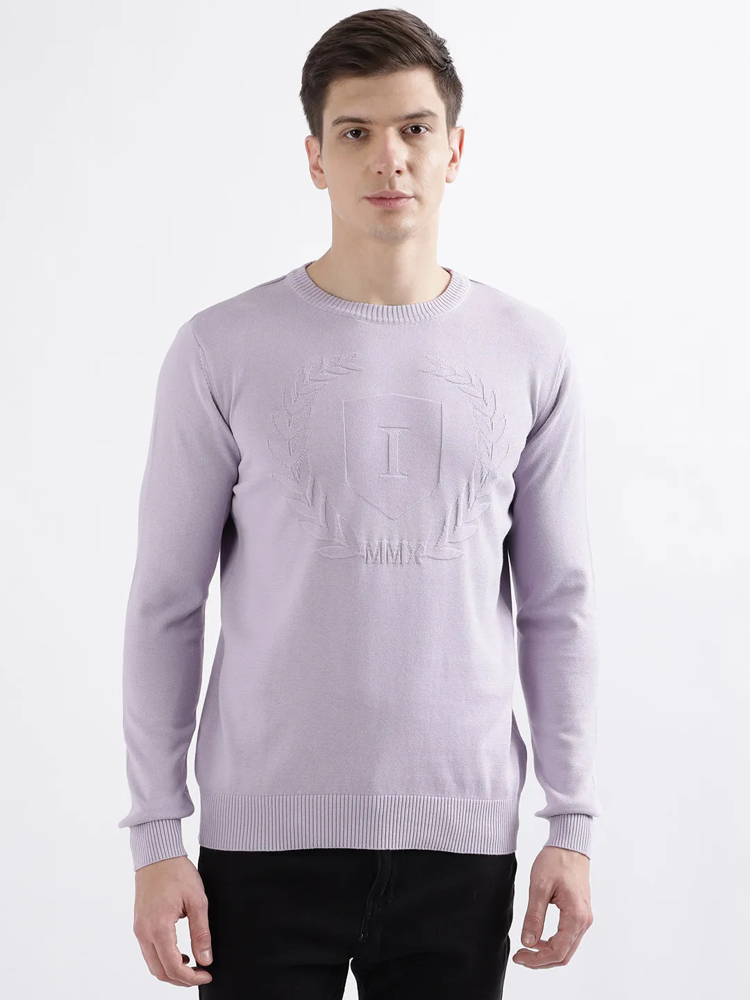 Iconic Men Purple Solid Round Neck Full Sleeves Sweater