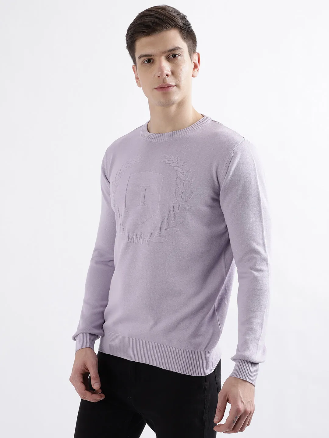 Iconic Men Purple Solid Round Neck Full Sleeves Sweater