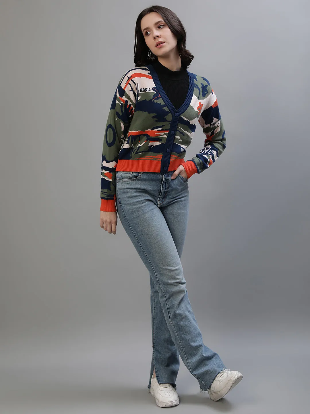 Iconic Women Multicolor Printed V-Neck Full Sleeves Sweater