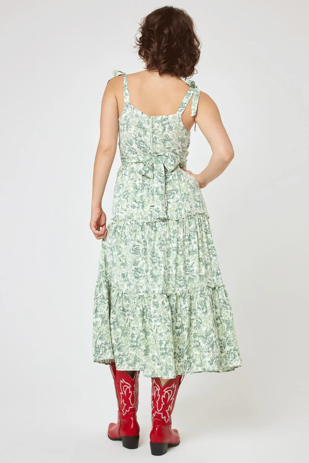 Ivory Sage Floral Ruffle Midi Dress