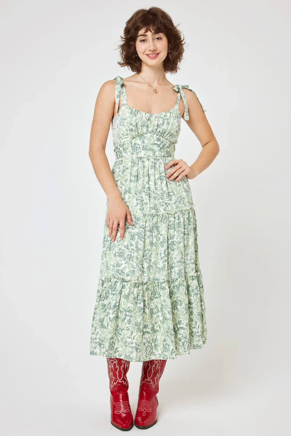 Ivory Sage Floral Ruffle Midi Dress