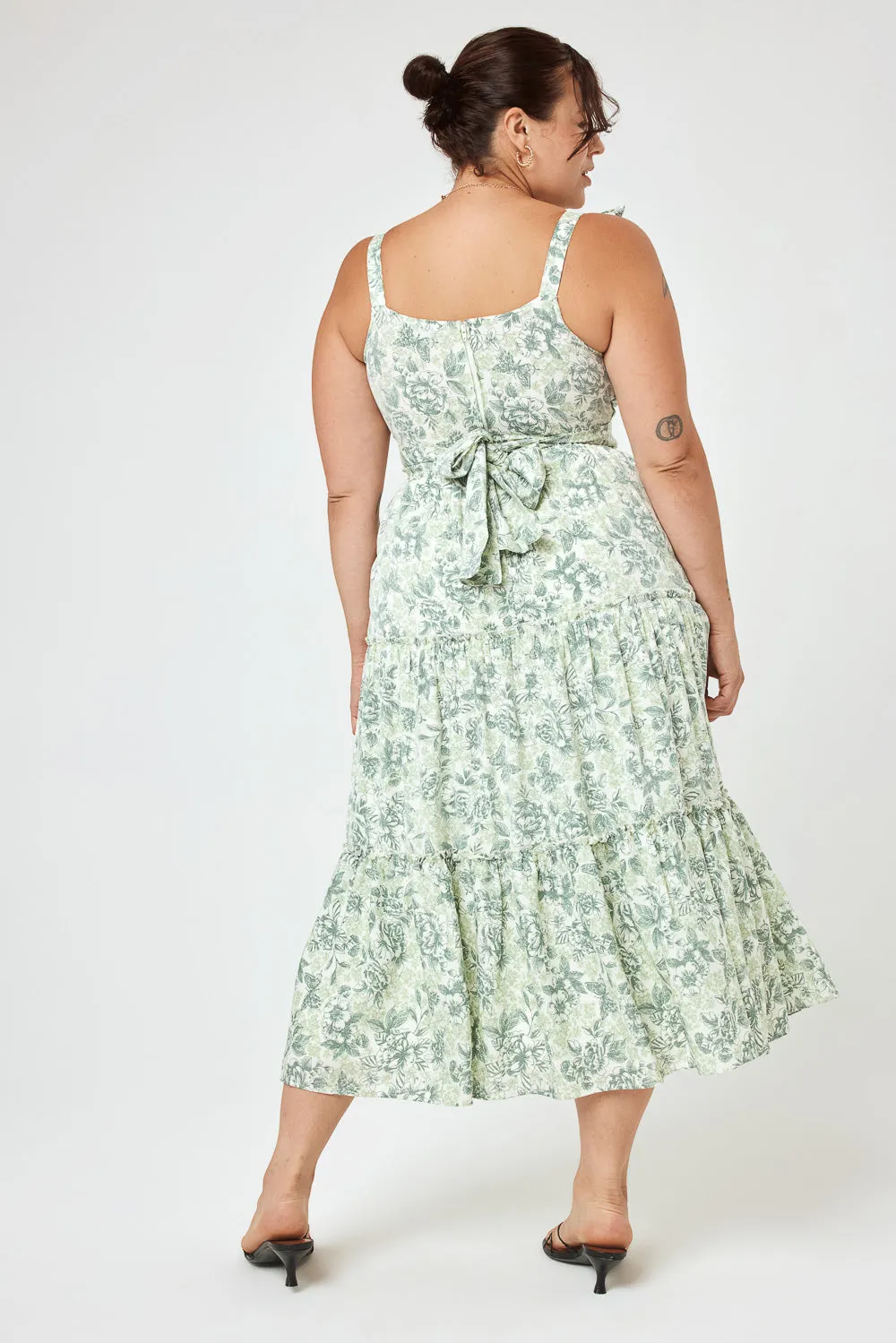 Ivory Sage Floral Ruffle Midi Dress