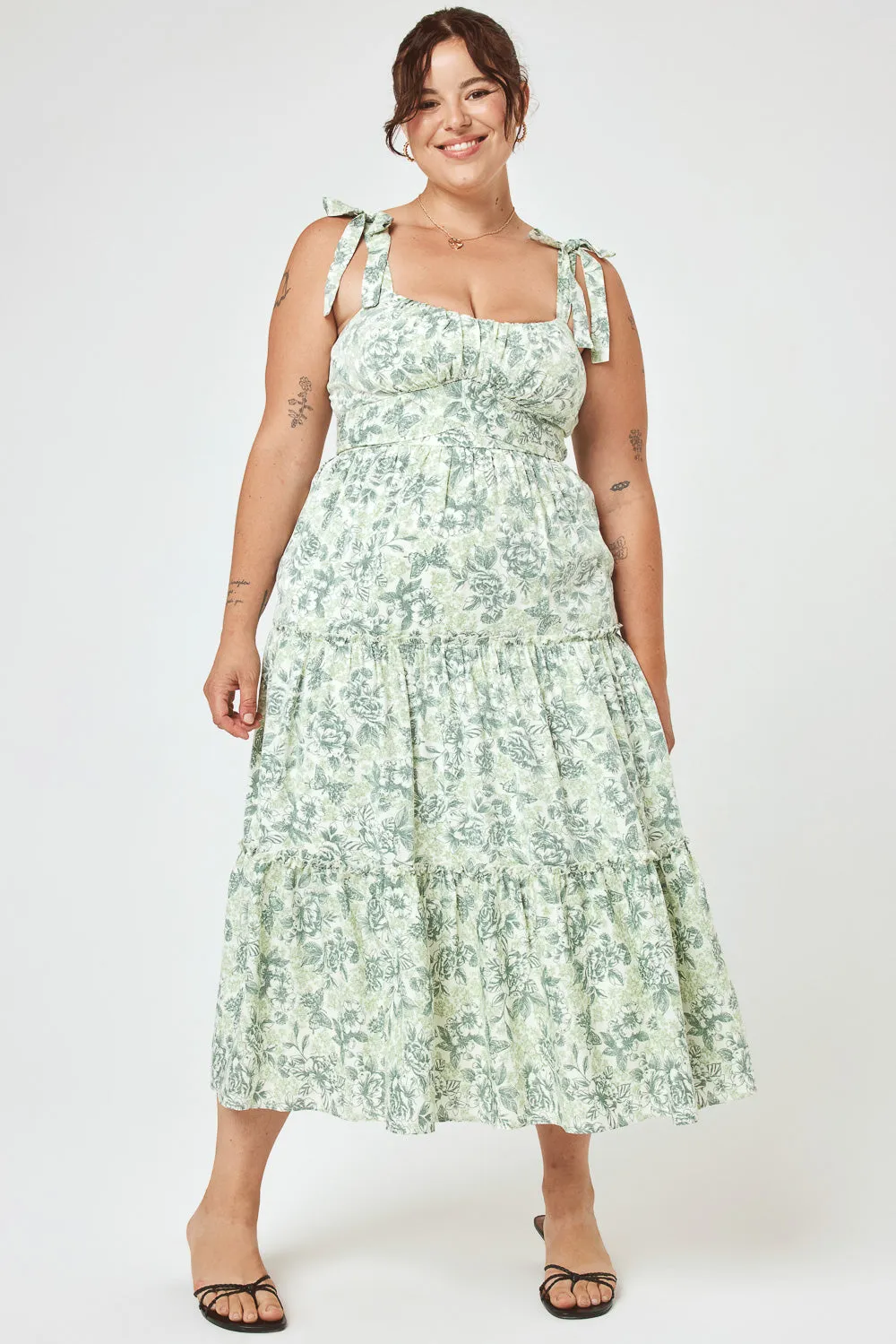 Ivory Sage Floral Ruffle Midi Dress