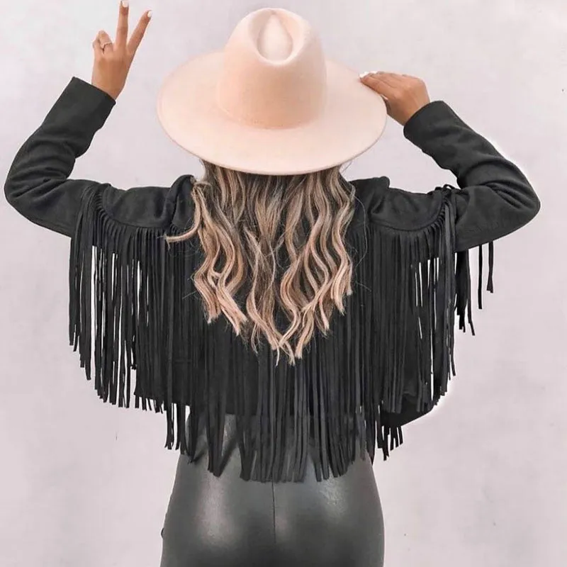 Leather Sueded Elegant Collared Tassel Short Coat