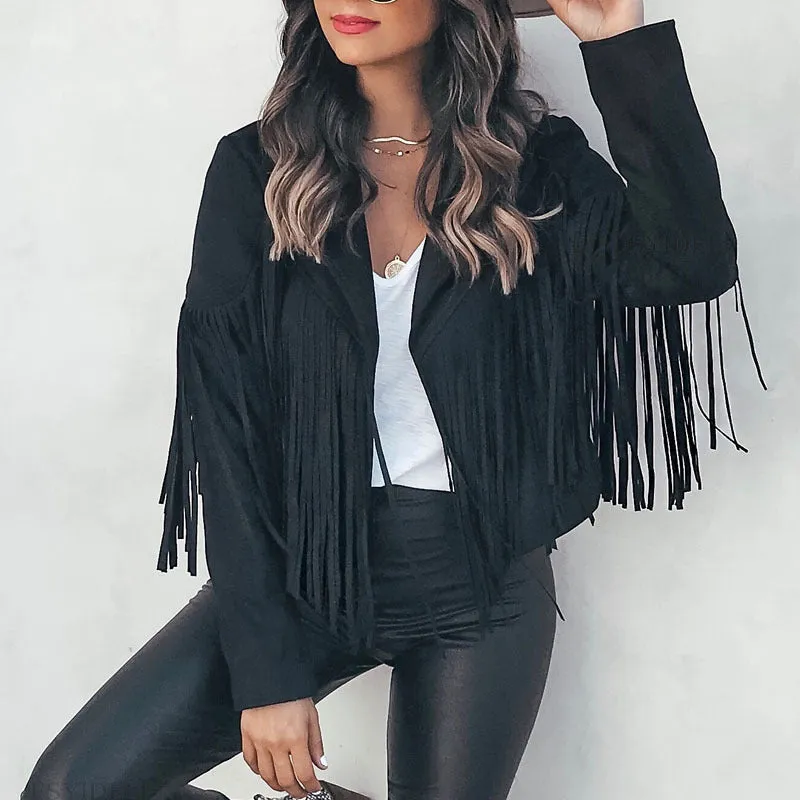 Leather Sueded Elegant Collared Tassel Short Coat